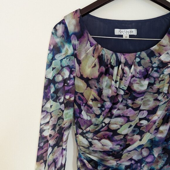 KAY UNGER Floral-Print Draped Waist Stretch Mesh Fabric Dress - Picture 6 of 10